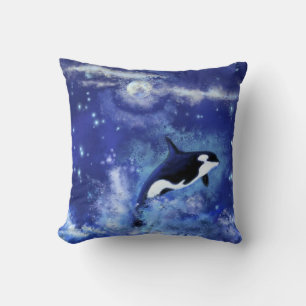 Killer Whales on Full Moon - Art Drawing - Blue Throw Pillow
