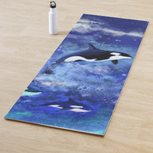 Killer Whales on Full Moon - Art Drawing - Blue Yoga Mat
