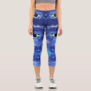 Killer Whales on Full Moon - Art Drawing - Capri Leggings