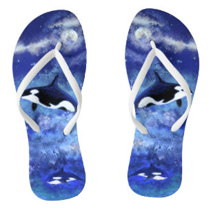 Killer Whales on Full Moon - Art Drawing Flip Flops
