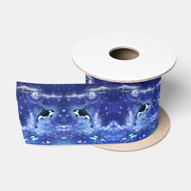 Killer Whales on Full Moon - Art Drawing Satin Ribbon (Spool)