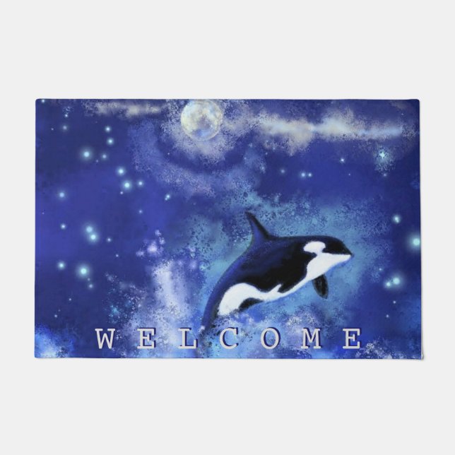 Killer Whales on Full Moon Blue Doormat - Welcome (Front)