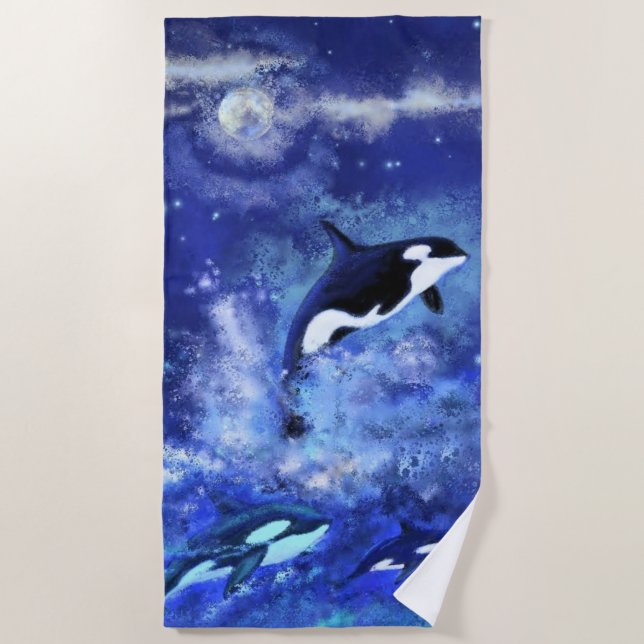 Killer Whales on Full Moon - Drawing Beach Towel (Front)