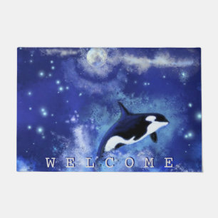 Killer Whales on Full Moon - Welcome Blue Doormat