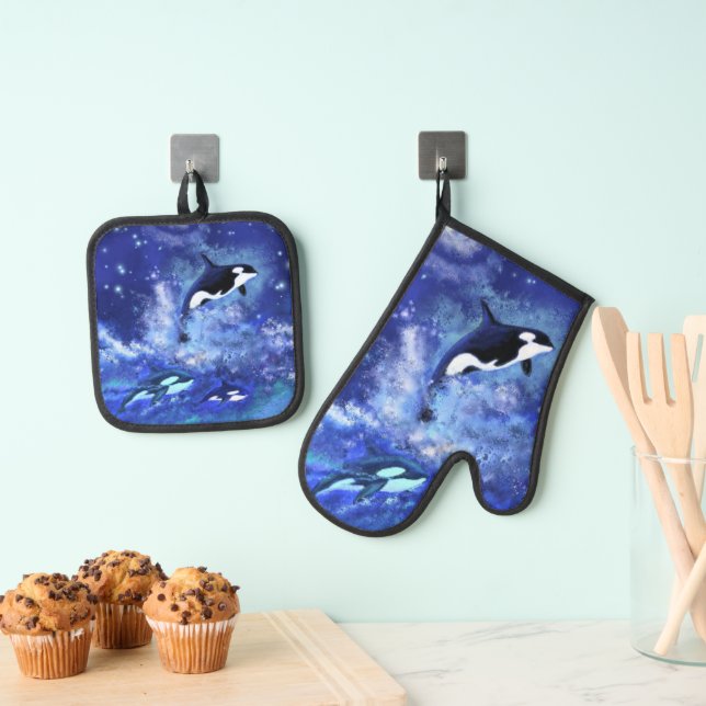 Killer Whales Oven Mitt & Pot Holder Set (Insitu(Hanging))