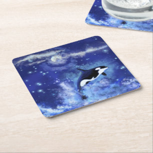 Killer Whales Paper Coaster Blue Full Moon Night