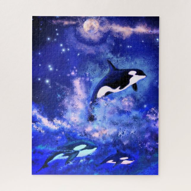 Killer Whales Swimming on Full Moon - Beautiful - Jigsaw Puzzle (Vertical)