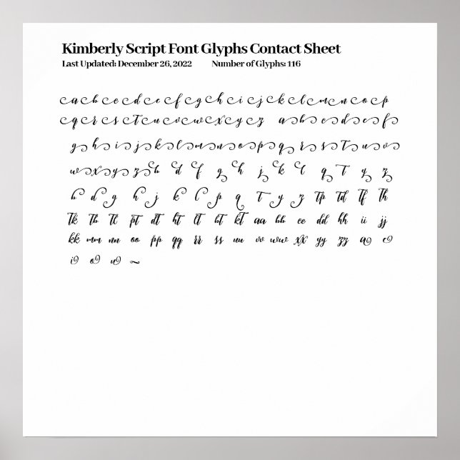 Kimberly Script Font Glyphs Contact Sheet Poster (Front)