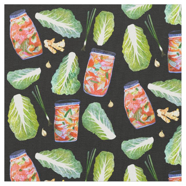 Kimchi Ingredients Watercolor Pattern Black Fabric (Close Up)