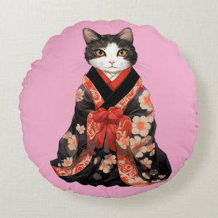  Kimono  Cat (PINK) Round Pillow