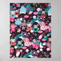 Kimono Cuties Kawaii Poster by Fluff