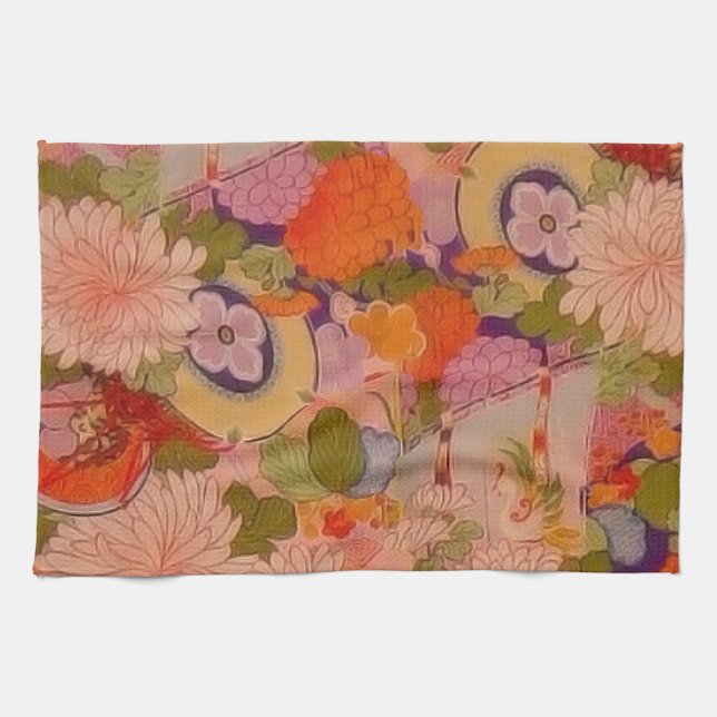 Kimono Flower Pink Floral Pattern Kitchen Towel (Horizontal)