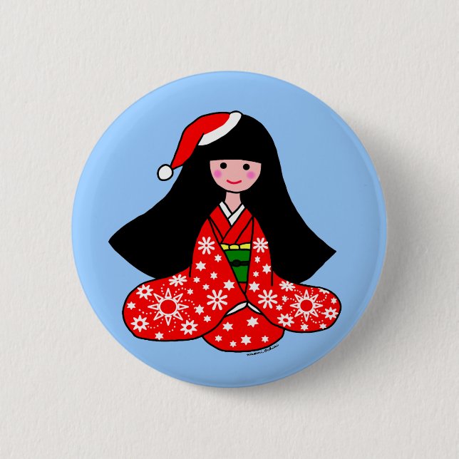 Kimono Girl Christmas Cartoon Illustration 2 Inch Round Button (Front)