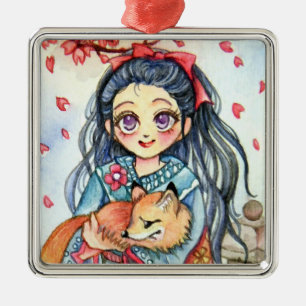Kimono Girl Holding Little Fox Metal Ornament