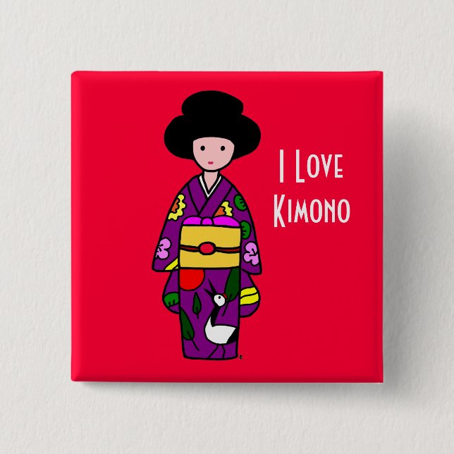 Kimono Girl Purple Cartoon 2 Inch Square Button (Front)
