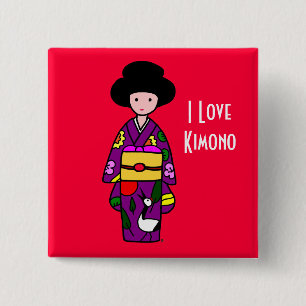 Kimono Girl Purple Cartoon 2 Inch Square Button