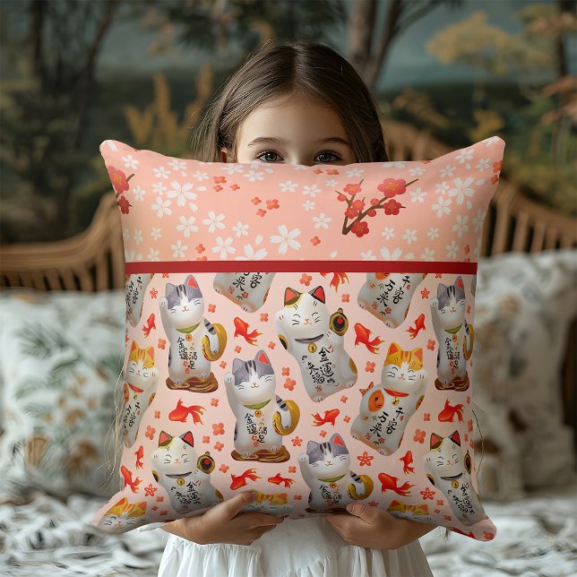 Kimono inspired Japanese Lucky Cat in Peach Pink Throw Pillow (Creator Uploaded)