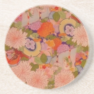 Kimono Pink Floral Art Fabric Painting Coaster
