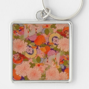 Kimono Pink Floral Art Fabric Painting Keychain