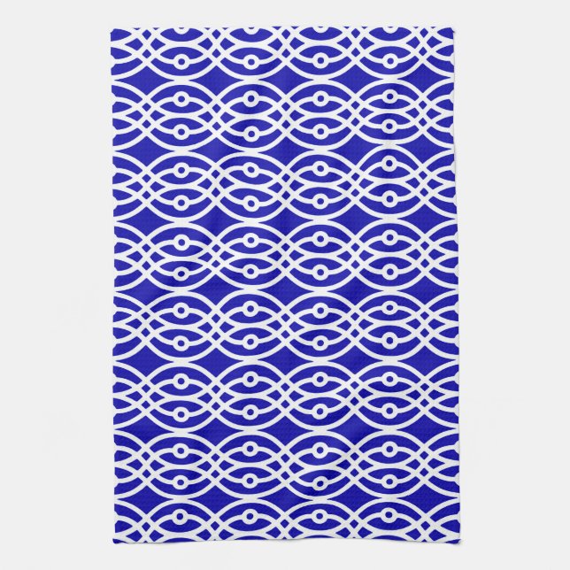 Kimono print, cobalt blue and white kitchen towel (Vertical)