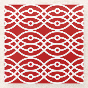 Kimono print, dark red and white glass coaster