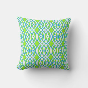 Kimono print, lime, turquoise and white throw pillow