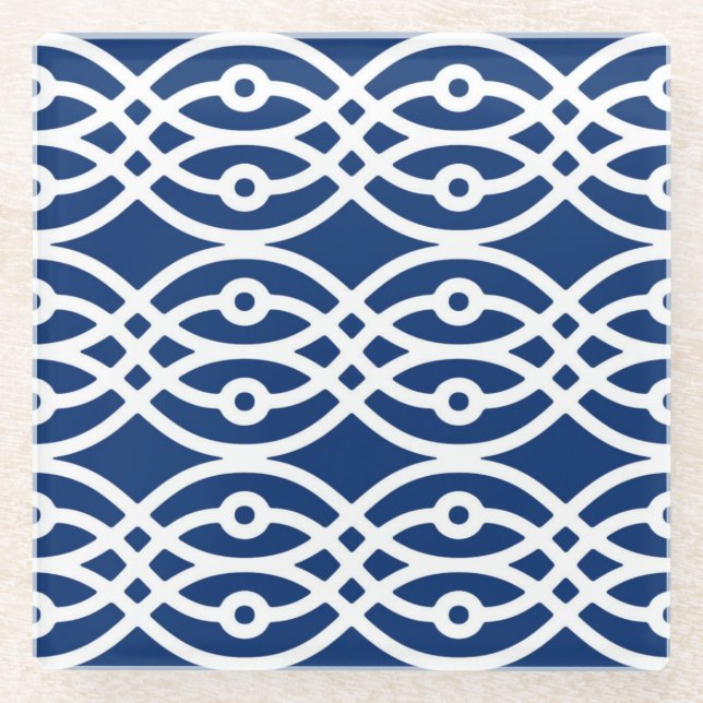 Kimono print, navy blue and white glass coaster (Front)