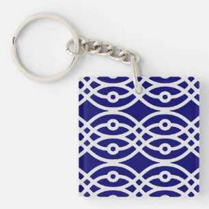 Kimono print, silver grey and navy blue keychain