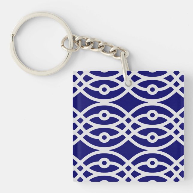Kimono print, silver grey and navy blue keychain (Front)