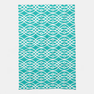 Kimono print, turquoise and white kitchen towel