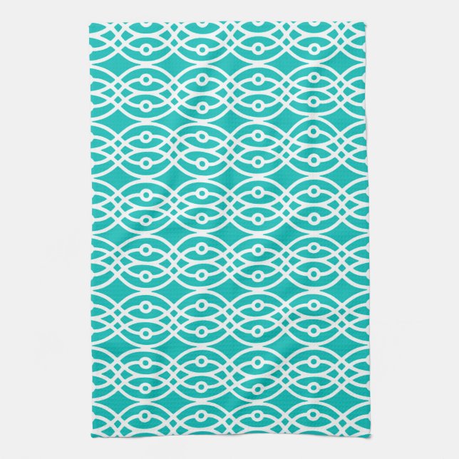 Kimono print, turquoise and white kitchen towel (Vertical)