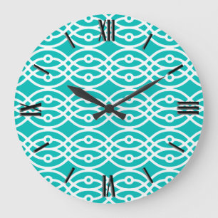 Kimono print, turquoise and white large clock