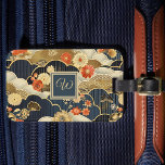Kimono Style Floral Japanese Print with Monogram Luggage Tag<br><div class="desc">This luggage tab features a Japanese style print -- similar to patterns from kimonos -- with white, teal, tan, and orange on dark teal-- almost black. Your name monogram initial appears in gold text on a coordinated color block of dark blue teal, bordered in gold. This kimono style Asian print...</div>