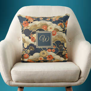 Kimono Style Floral Japanese Print with Monogram Throw Pillow