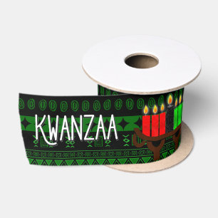 Kinara and Green with Black Tribal Print Kwanzaa Satin Ribbon