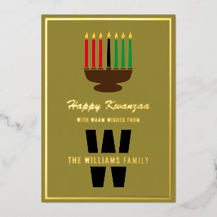 Kinara Candles Happy Kwanzaa Monogram Family Name Foil Holiday Card