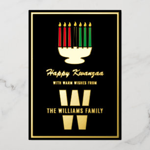 Kinara Candles Monogram Family Name Happy Kwanzaa Foil Holiday Card
