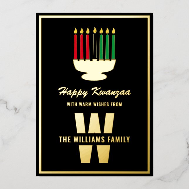 Kinara Candles Monogram Family Name Happy Kwanzaa Foil Holiday Card (Front)
