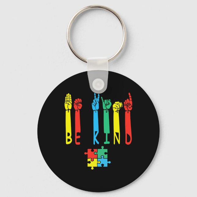 Kind Hand Sign Language Puzzle Autism Awareness As Keychain (Front)