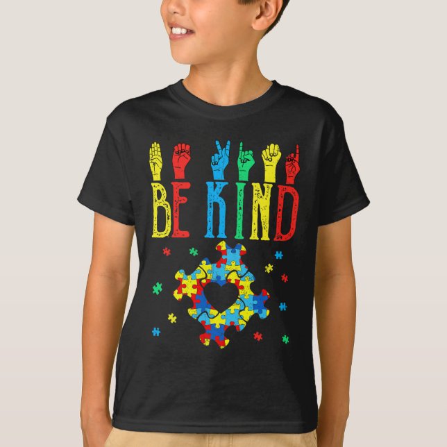 Kind Hand Sign Language Puzzle Autism Awareness As T-Shirt (Front)