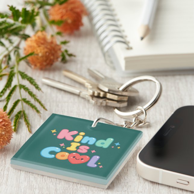 "Kind is Cool" Pastel Retro Typography Acrylic  Keychain (Front Right)