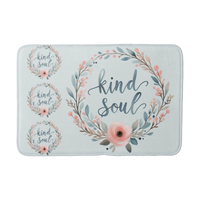 Kind Soul Floral Wreath Watercolor Quote Bath Mat (Front)