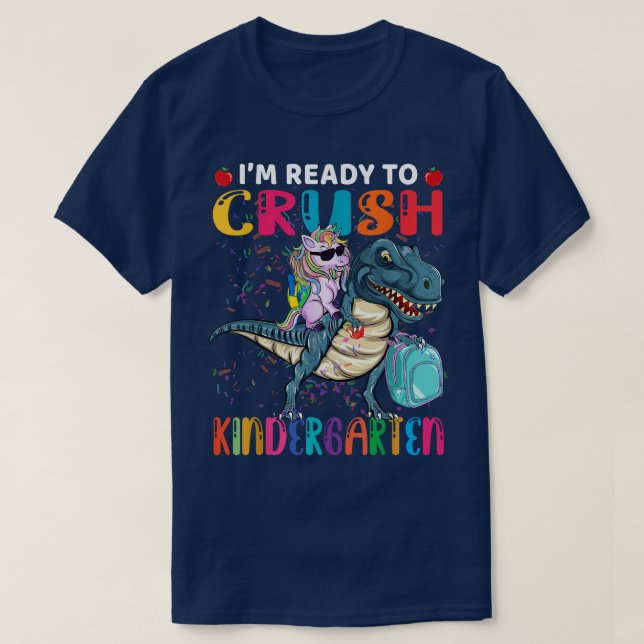 Kindergarten Back to School Unicorn Riding Dinosau T-Shirt (Design Front)