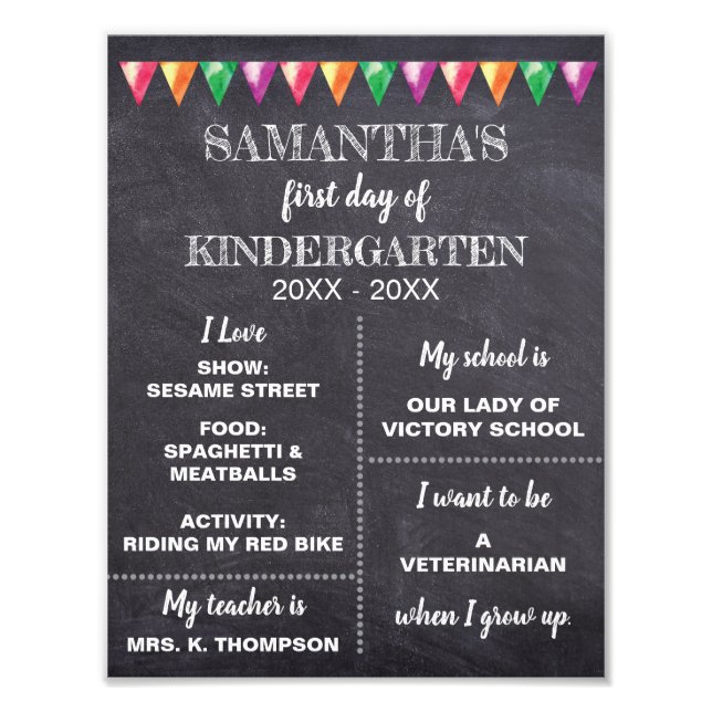 Kindergarten Chalkboard First day of School Sign (Front)