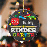 Kindergarten Colourful Chalkboard Keepsake Kids Ceramic Ornament<br><div class="desc">Kindergarten ornament design features an apple, a ruler, crayons and bold, colourful fun typography! Click the customize button for more options for modifying the text! Variations of this design, photo options, other school grades, additional colours, as well as coordinating products are available in our shop, zazzle.com/store/doodlelulu. Contact us if you...</div>