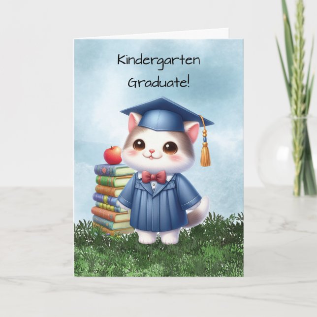 Kindergarten Graduation Girl Cat Congratulations Card (Front)