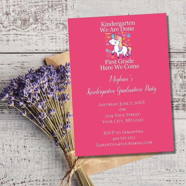 Kindergarten Graduation Party Pink Unicorn  Invitation (Kindergarten Graduation party invitation for little girl)