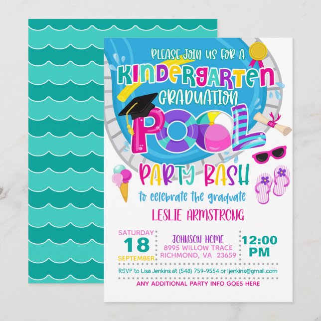 Kindergarten Graduation Pool Party - Girl W Invitation (Front/Back)