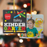 Kindergarten Keepsake Chalk Colourful Kids Photo Ceramic Ornament<br><div class="desc">Kindergarten ornament design features an apple, a ruler, crayons and bold, colourful fun typography! Click the customize button for more options for modifying the text! Variations of this design, additional colours, as well as coordinating products are available in our shop, zazzle.com/store/doodlelulu. Contact us if you need this design applied to...</div>