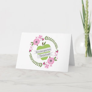 Kindergarten Teacher Green Apple Floral Wreath Holiday Card